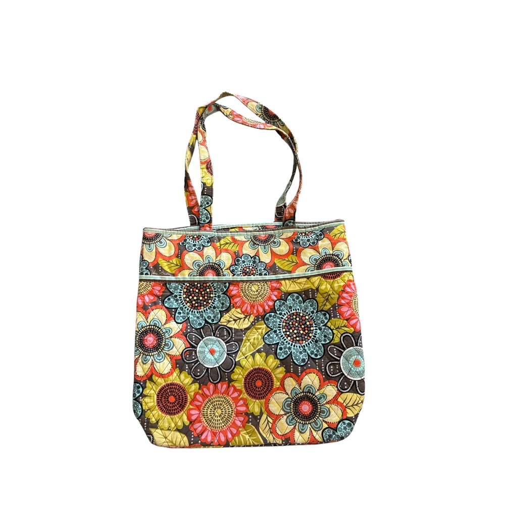 Vera Bradley Flower Shower Quilted Floral Tote Bag Brown Yellow‎ Blue Cotton Bag